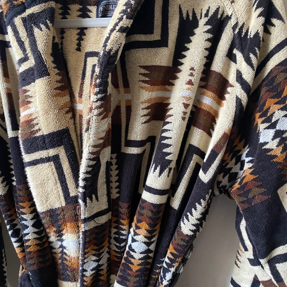 Pendleton Mens Harding Hooded Cotton Terry Robe Brown Tan Black S/M - Picture 7 of 11